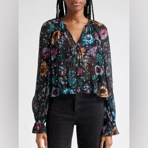 Ulla Johnson Bernadette Silk Blouse Black Iris Print size 12